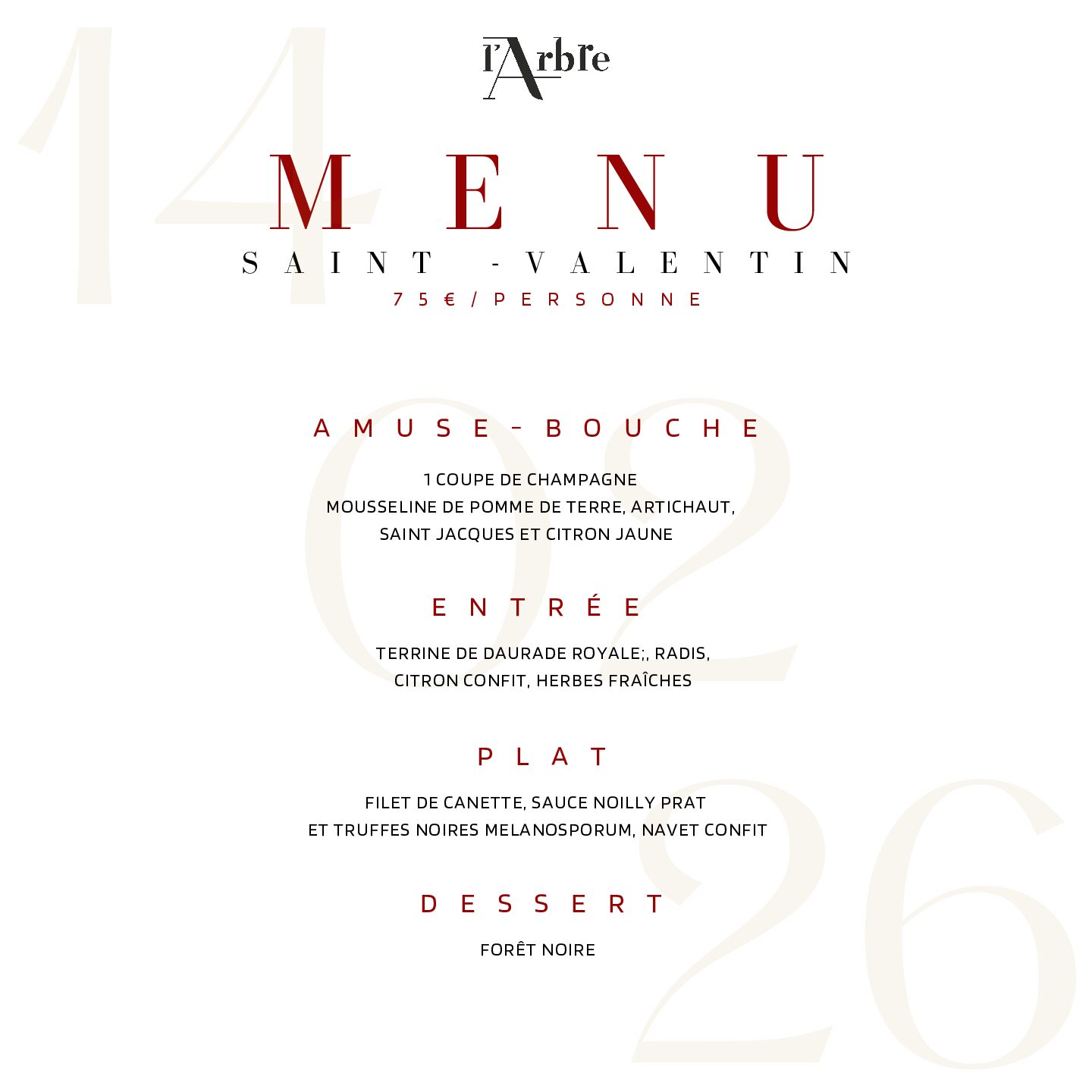 Menu de la Saint Valentin 2026 midi et soir